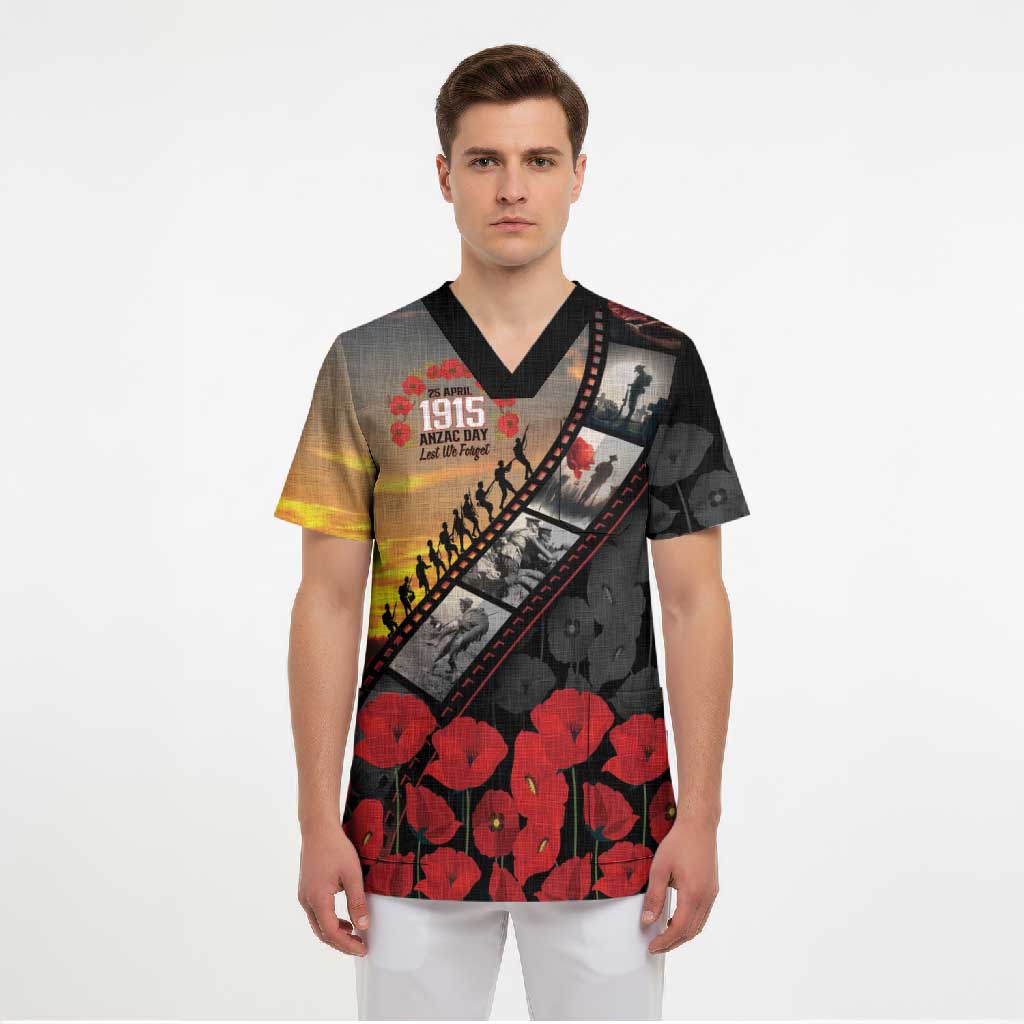 Personalised Remembering ANZAC Lest We Forget Scrub Top Vintage Film Frame Memorial Red Poppy LT9 - Polynesian Pride