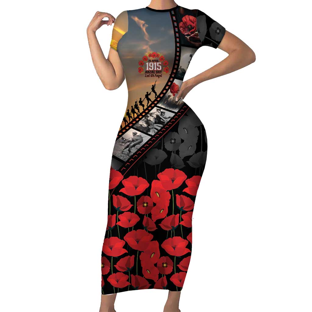 Personalised Remembering ANZAC Lest We Forget Short Sleeve Bodycon Dress Vintage Film Frame Memorial Red Poppy LT9 Long Dress Red - Polynesian Pride