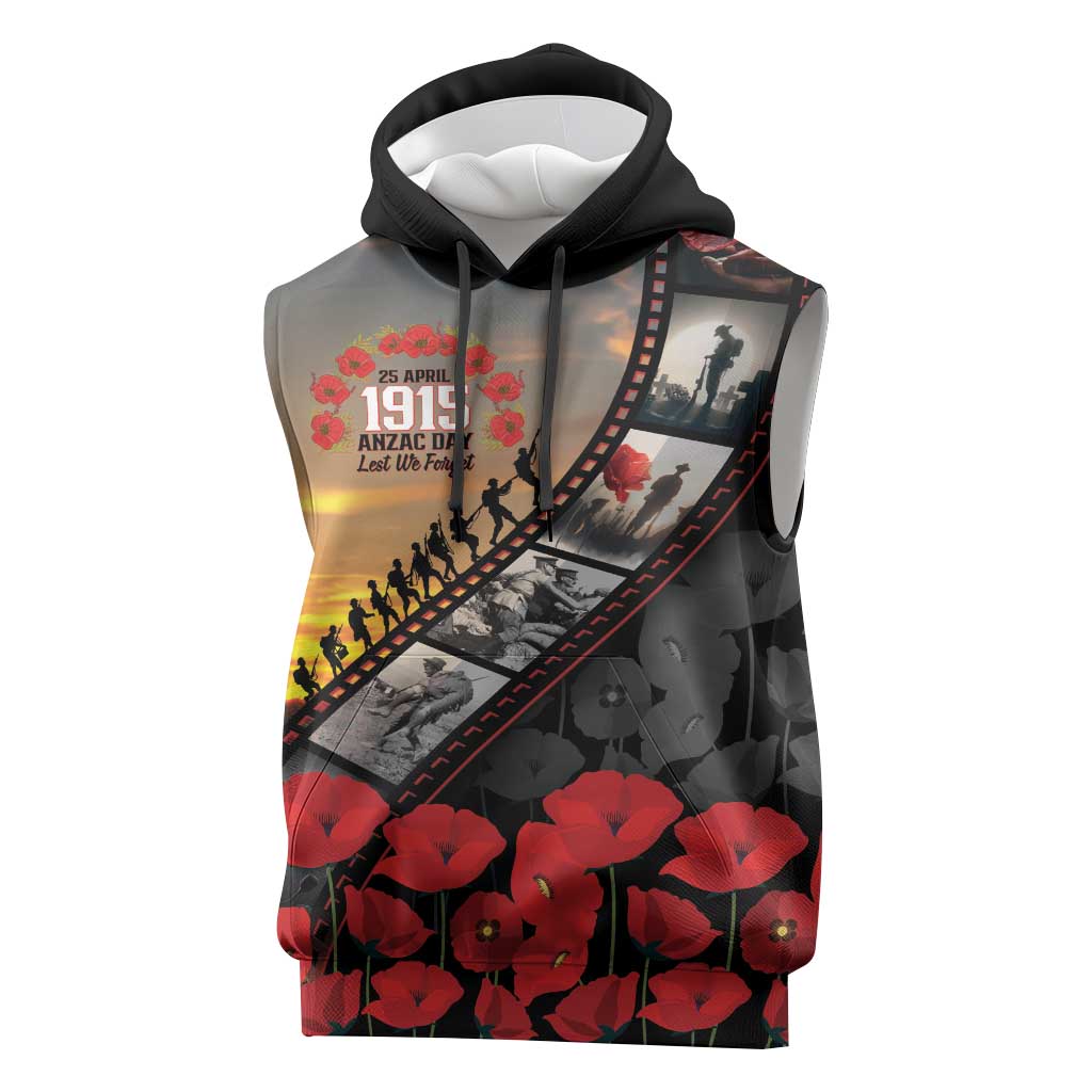 Personalised Remembering ANZAC Lest We Forget Sleeveless Hoodie Vintage Film Frame Memorial Red Poppy LT9 Red - Polynesian Pride