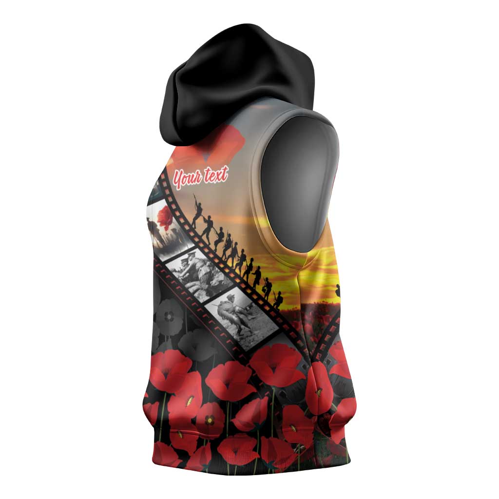 Personalised Remembering ANZAC Lest We Forget Sleeveless Hoodie Vintage Film Frame Memorial Red Poppy LT9 - Polynesian Pride