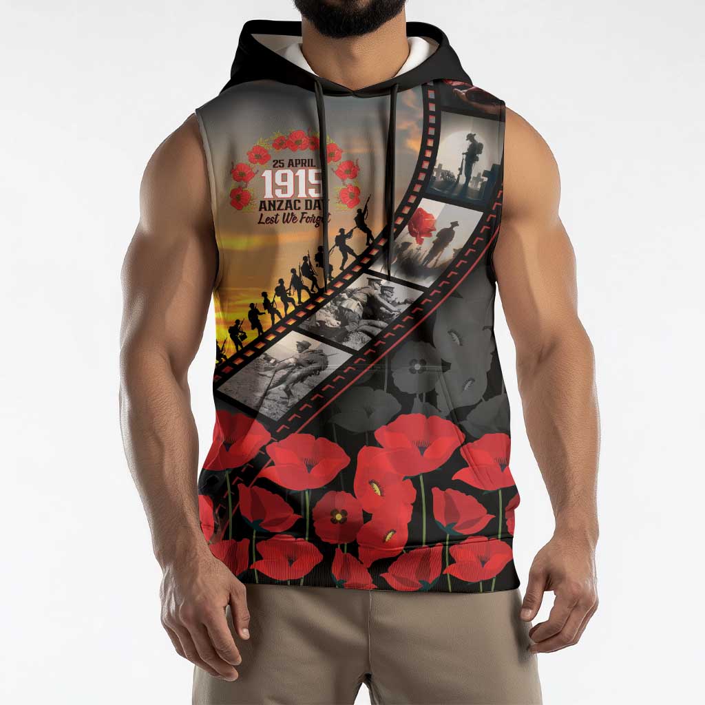 Personalised Remembering ANZAC Lest We Forget Sleeveless Hoodie Vintage Film Frame Memorial Red Poppy LT9 - Polynesian Pride