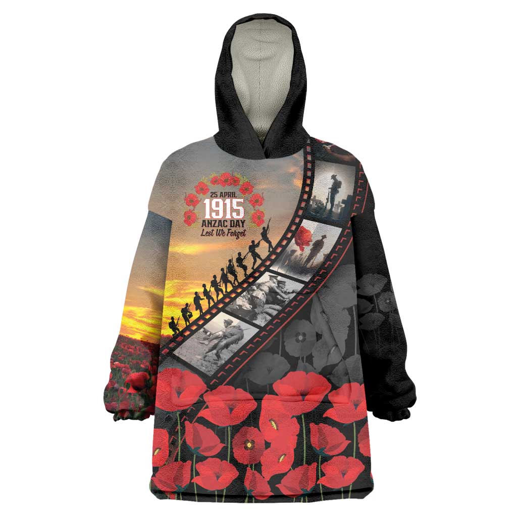 Personalised Remembering ANZAC Lest We Forget Wearable Blanket Hoodie Vintage Film Frame Memorial Red Poppy LT9 One Size Red - Polynesian Pride