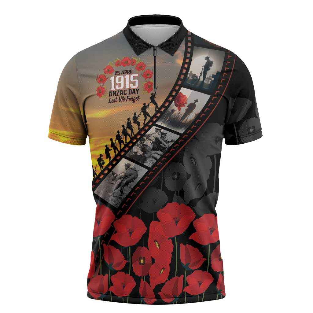 Personalised Remembering ANZAC Lest We Forget Zipper Polo Shirt Vintage Film Frame Memorial Red Poppy LT9 Red - Polynesian Pride
