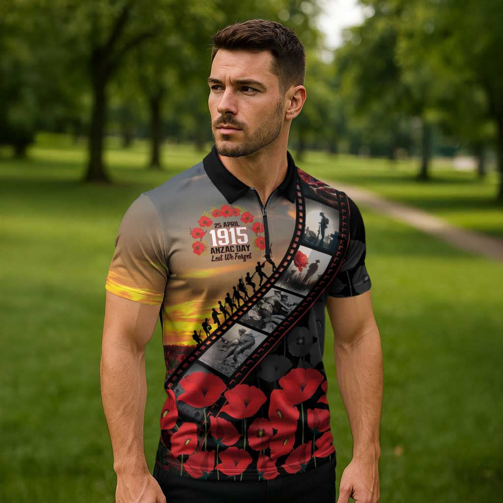 Personalised Remembering ANZAC Lest We Forget Zipper Polo Shirt Vintage Film Frame Memorial Red Poppy LT9 - Polynesian Pride