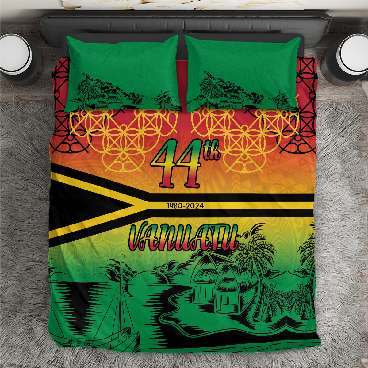 Hapi 44th Indipendens Dei Vanuatu Bedding Set Yumi 1980 with Vanuatuan Beach Landscape