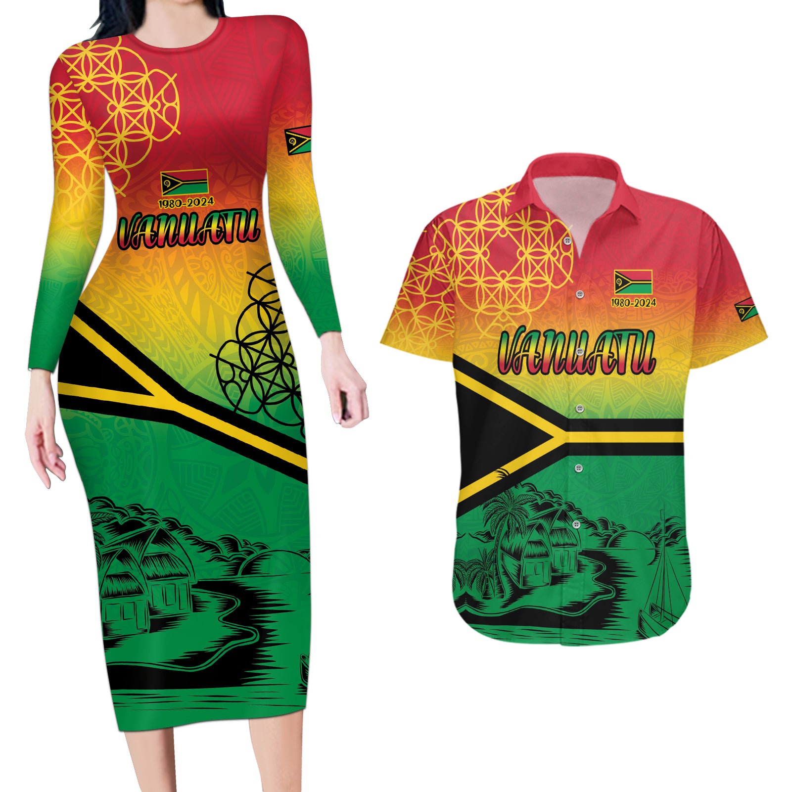 Hapi 44th Indipendens Dei Vanuatu Couples Matching Long Sleeve Bodycon Dress and Hawaiian Shirt Yumi 1980 with Vanuatuan Beach Landscape