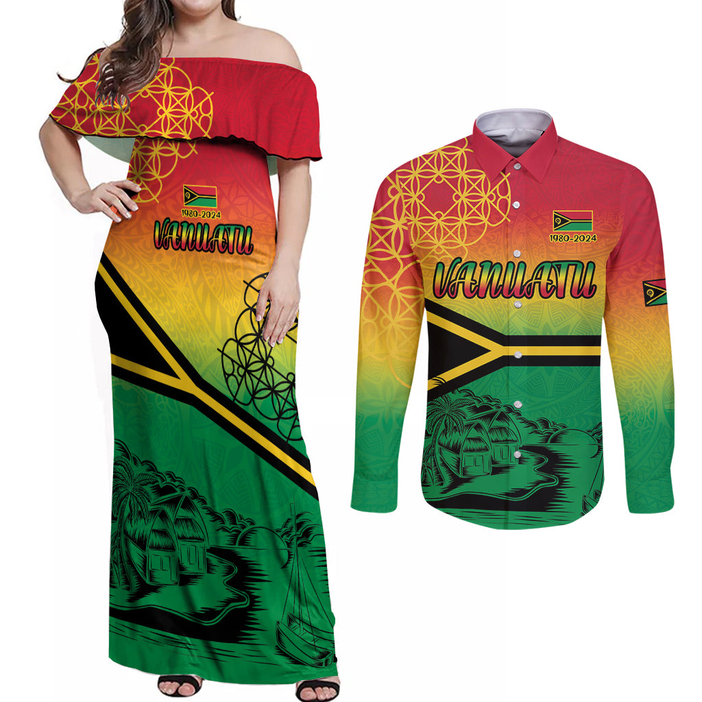 Hapi 44th Indipendens Dei Vanuatu Couples Matching Off Shoulder Maxi Dress and Long Sleeve Button Shirt Yumi 1980 with Vanuatuan Beach Landscape LT9 Reggae - Polynesian Pride