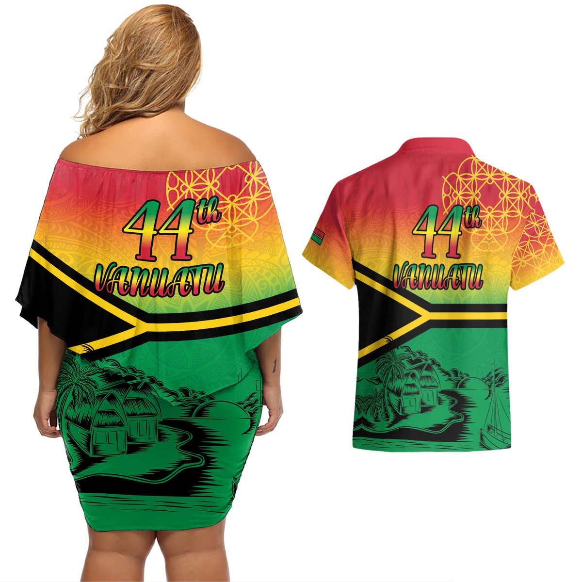 Hapi 44th Indipendens Dei Vanuatu Couples Matching Off Shoulder Short Dress and Hawaiian Shirt Yumi 1980 with Vanuatuan Beach Landscape