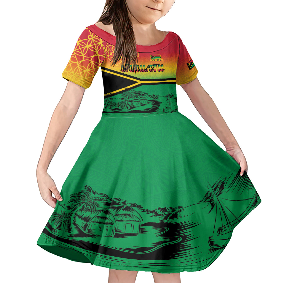 Hapi 44th Indipendens Dei Vanuatu Family Matching Off The Shoulder Long Sleeve Dress and Hawaiian Shirt Yumi 1980 with Vanuatuan Beach Landscape