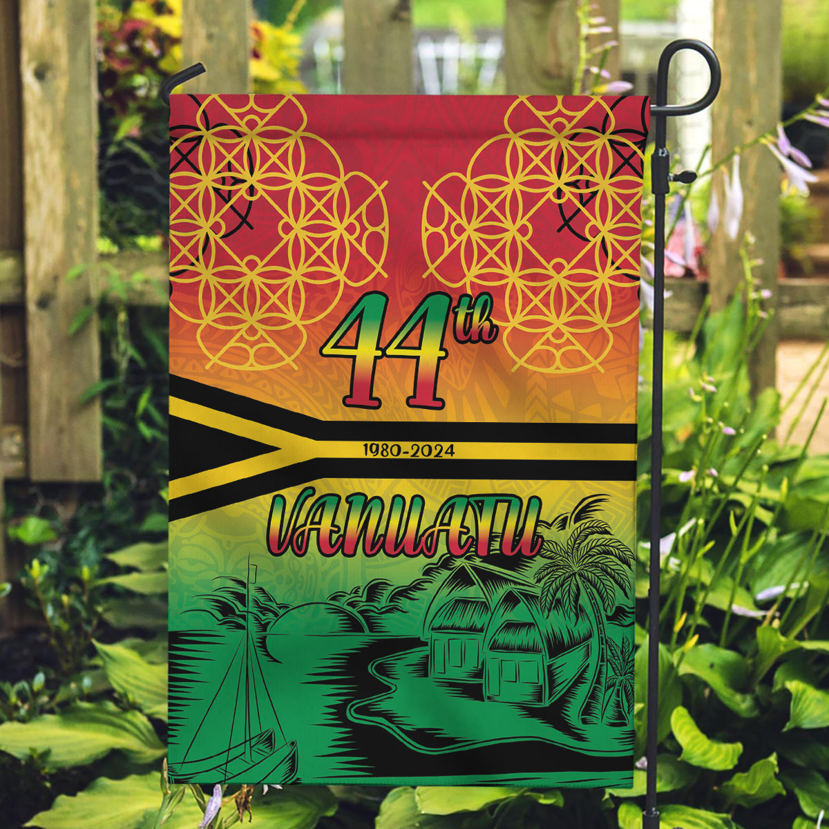 Hapi 44th Indipendens Dei Vanuatu Garden Flag Yumi 1980 with Vanuatuan Beach Landscape