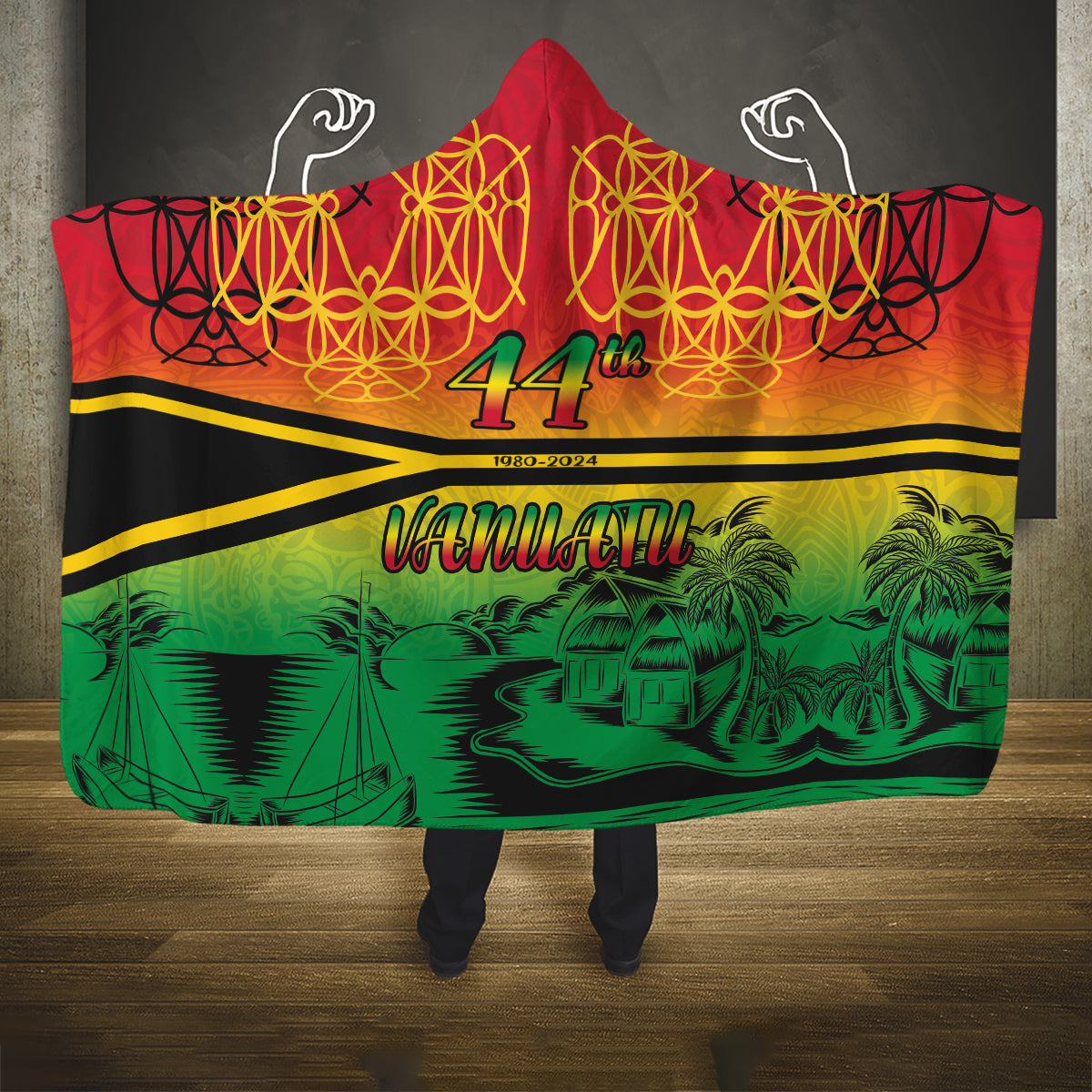 Hapi 44th Indipendens Dei Vanuatu Hooded Blanket Yumi 1980 with Vanuatuan Beach Landscape LT9 One Size Reggae - Polynesian Pride