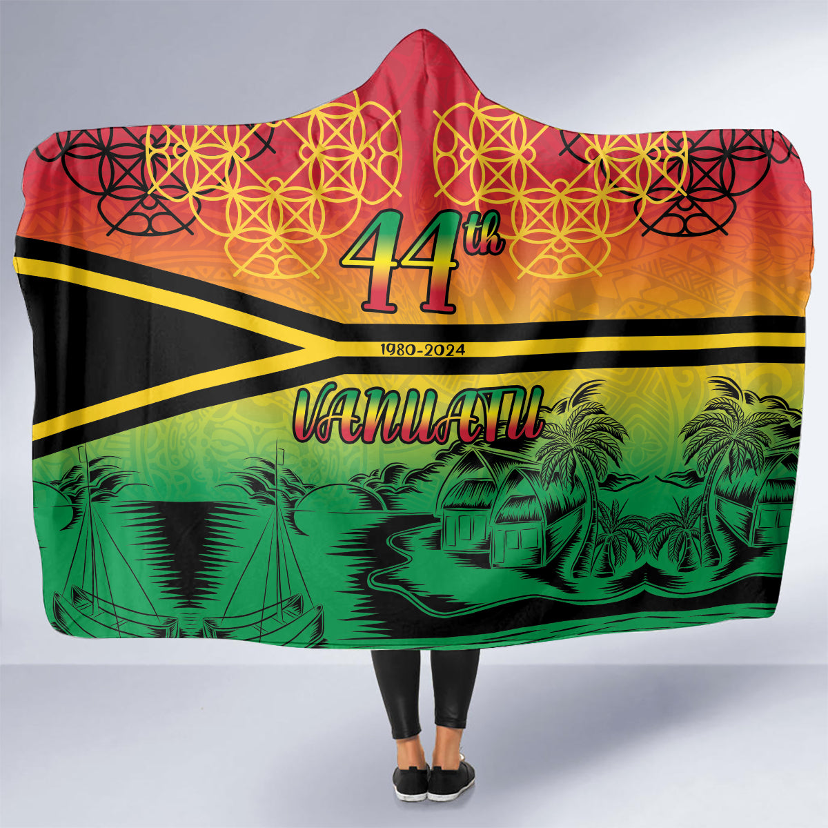 Hapi 44th Indipendens Dei Vanuatu Hooded Blanket Yumi 1980 with Vanuatuan Beach Landscape LT9 - Polynesian Pride
