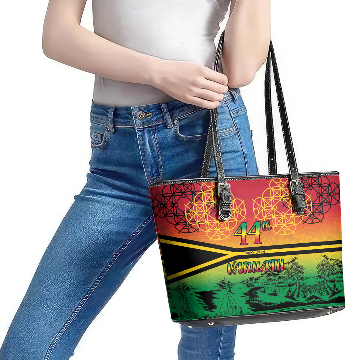Hapi 44th Indipendens Dei Vanuatu Leather Tote Bag Yumi 1980 with Vanuatuan Beach Landscape