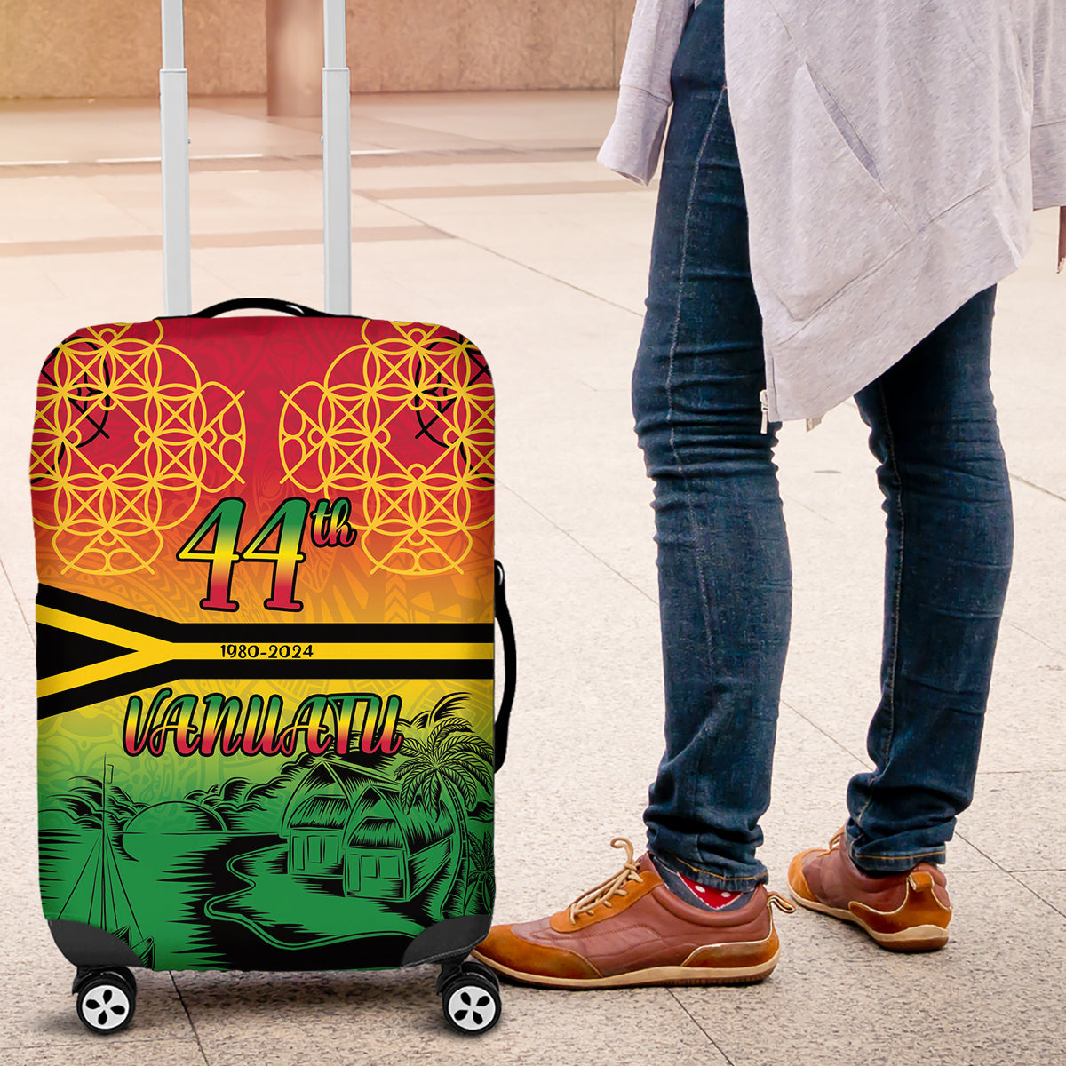Hapi 44th Indipendens Dei Vanuatu Luggage Cover Yumi 1980 with Vanuatuan Beach Landscape