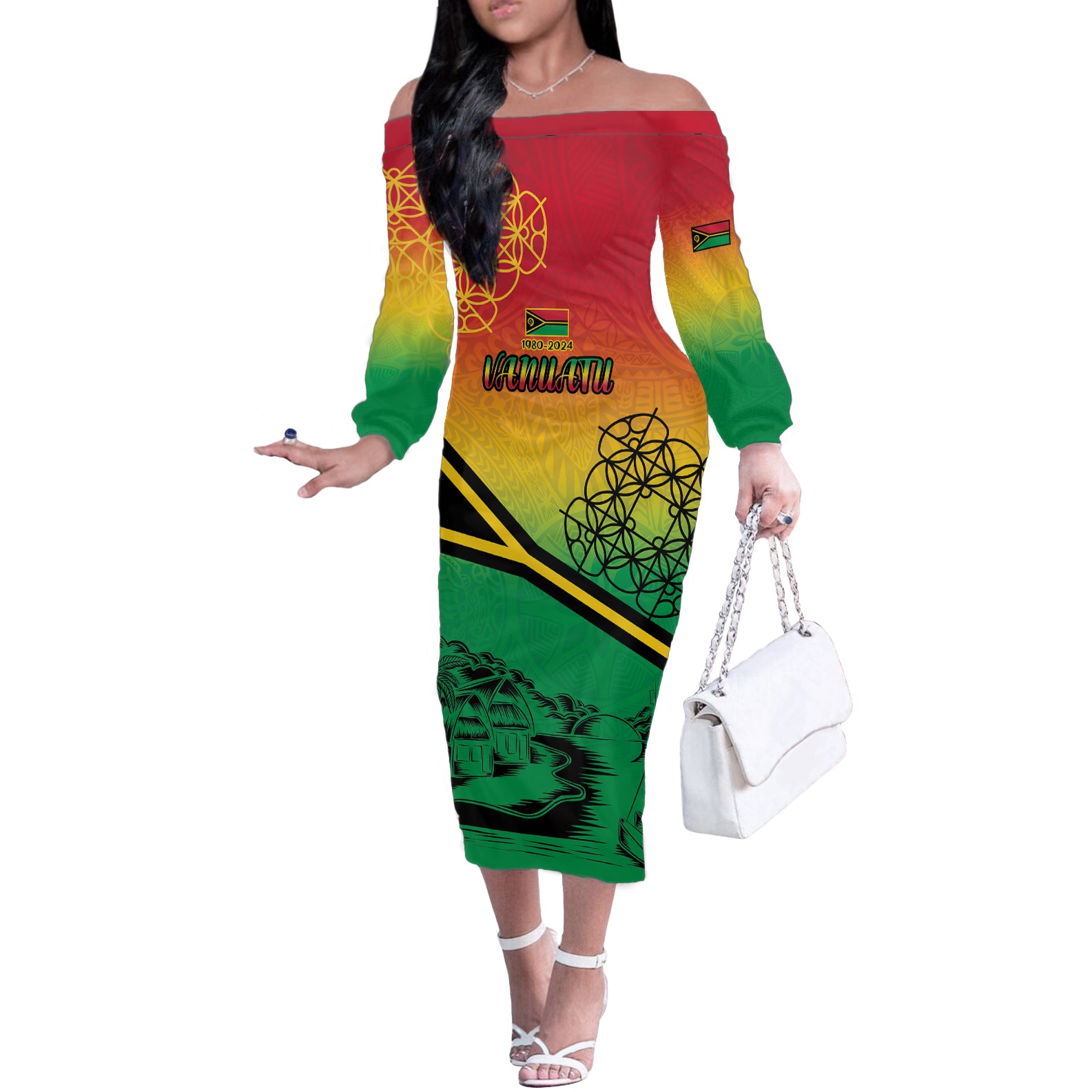 Hapi 44th Indipendens Dei Vanuatu Off The Shoulder Long Sleeve Dress Yumi 1980 with Vanuatuan Beach Landscape