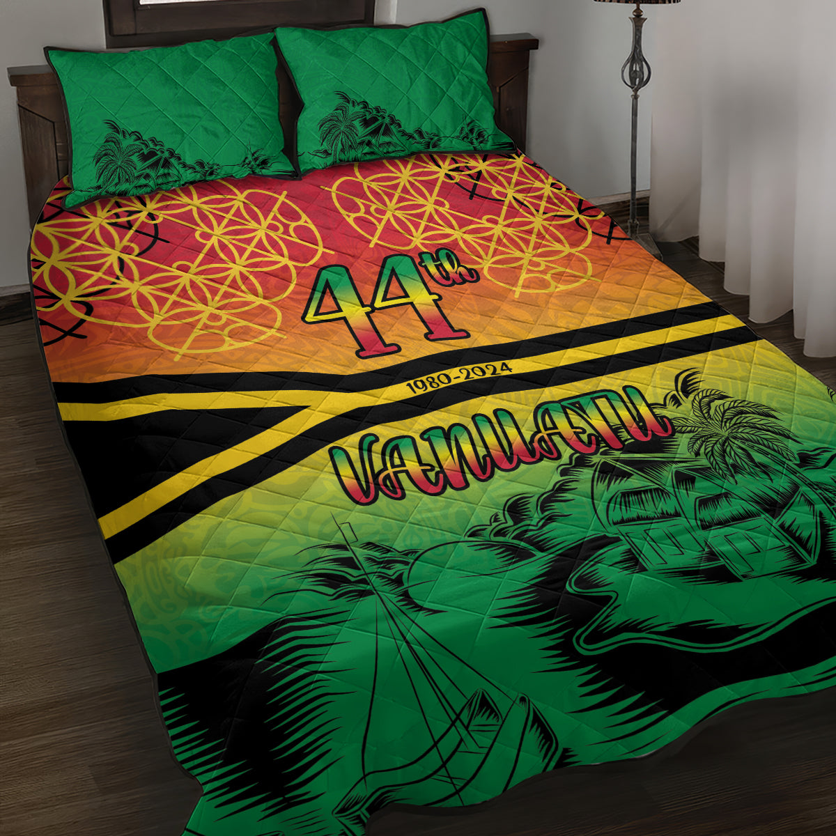 Hapi 44th Indipendens Dei Vanuatu Quilt Bed Set Yumi 1980 with Vanuatuan Beach Landscape LT9 Reggae - Polynesian Pride