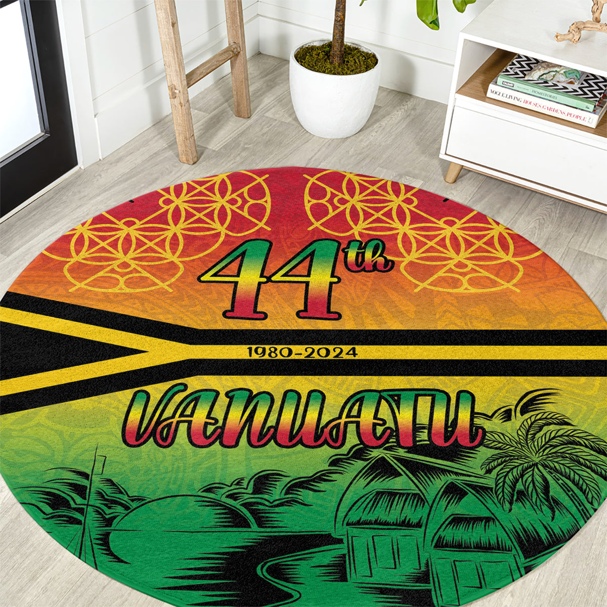 Hapi 44th Indipendens Dei Vanuatu Round Carpet Yumi 1980 with Vanuatuan Beach Landscape