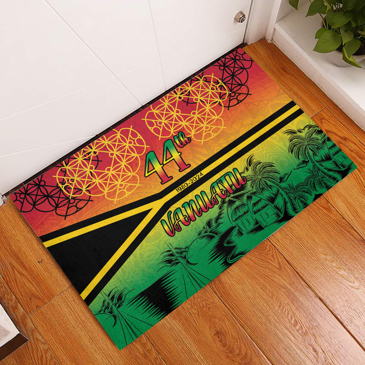 Hapi 44th Indipendens Dei Vanuatu Rubber Doormat Yumi 1980 with Vanuatuan Beach Landscape LT9 Reggae - Polynesian Pride