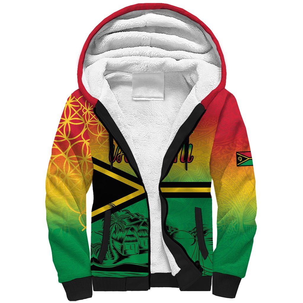 Hapi 44th Indipendens Dei Vanuatu Sherpa Hoodie Yumi 1980 with Vanuatuan Beach Landscape LT9 Unisex Reggae - Polynesian Pride