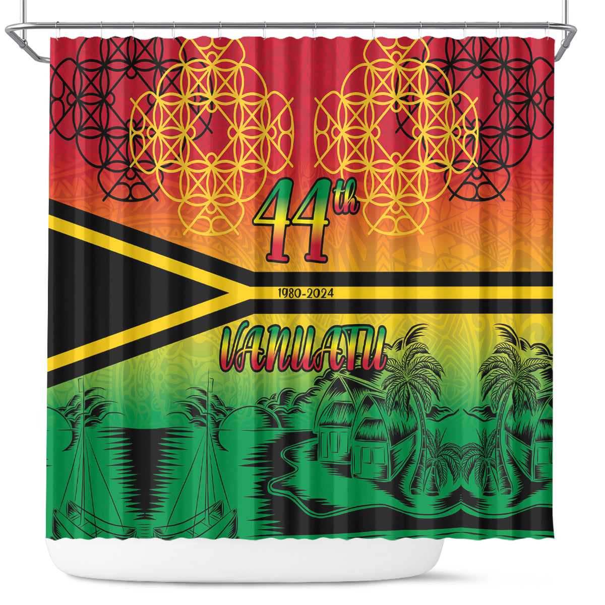 Hapi 44th Indipendens Dei Vanuatu Shower Curtain Yumi 1980 with Vanuatuan Beach Landscape