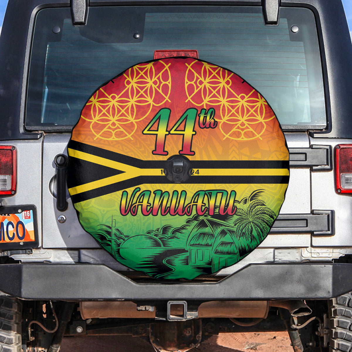 Hapi 44th Indipendens Dei Vanuatu Spare Tire Cover Yumi 1980 with Vanuatuan Beach Landscape LT9 Reggae - Polynesian Pride