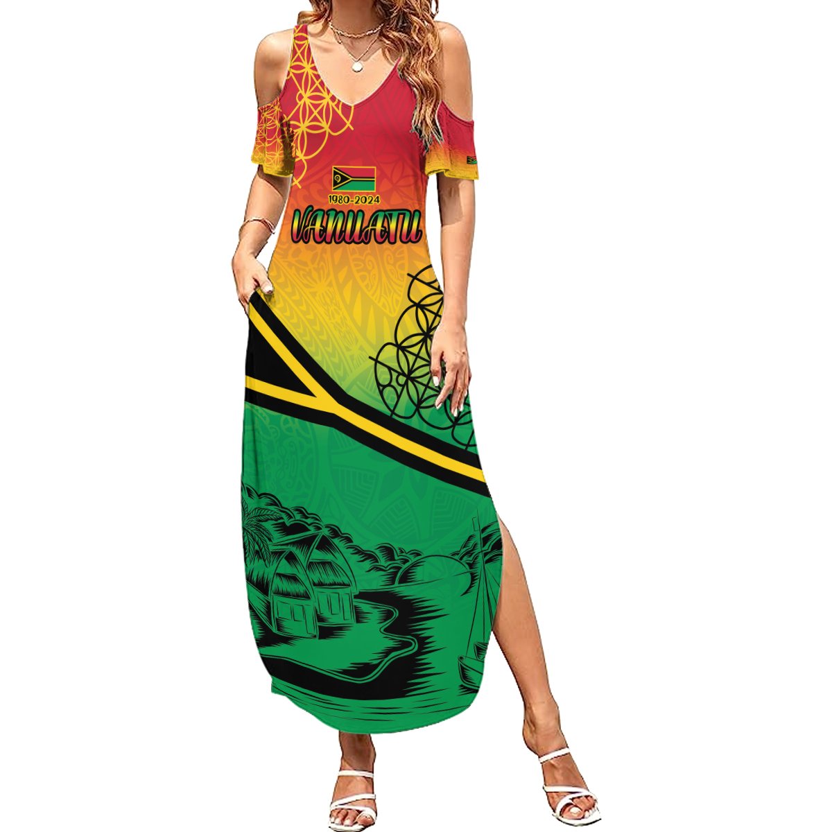 Hapi 44th Indipendens Dei Vanuatu Summer Maxi Dress Yumi 1980 with Vanuatuan Beach Landscape LT9 Women Reggae - Polynesian Pride