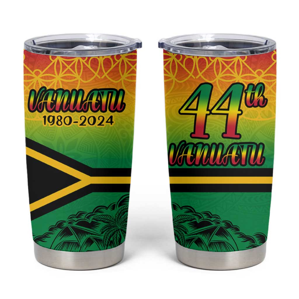 Hapi 44th Indipendens Dei Vanuatu Tumbler Cup Yumi 1980 with Vanuatuan Beach Landscape