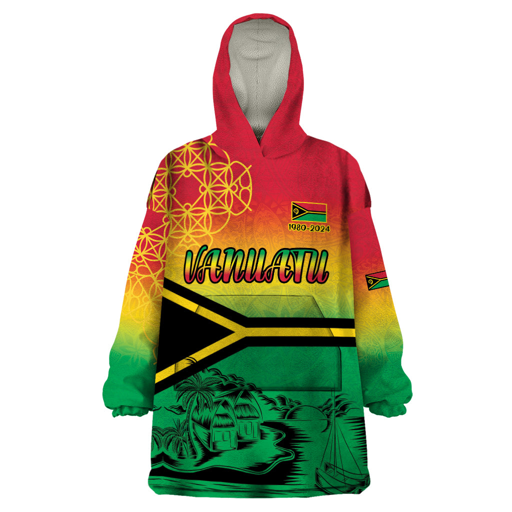 Hapi 44th Indipendens Dei Vanuatu Wearable Blanket Hoodie Yumi 1980 with Vanuatuan Beach Landscape