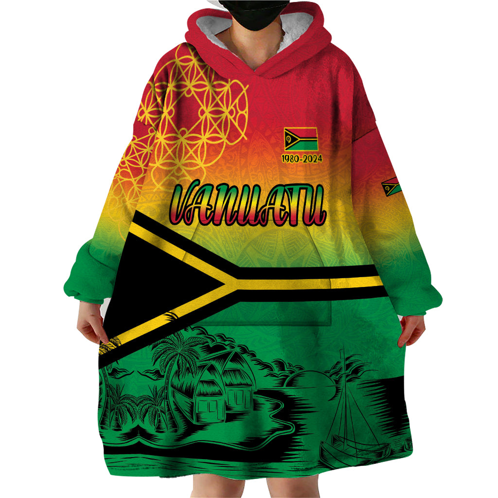 Hapi 44th Indipendens Dei Vanuatu Wearable Blanket Hoodie Yumi 1980 with Vanuatuan Beach Landscape