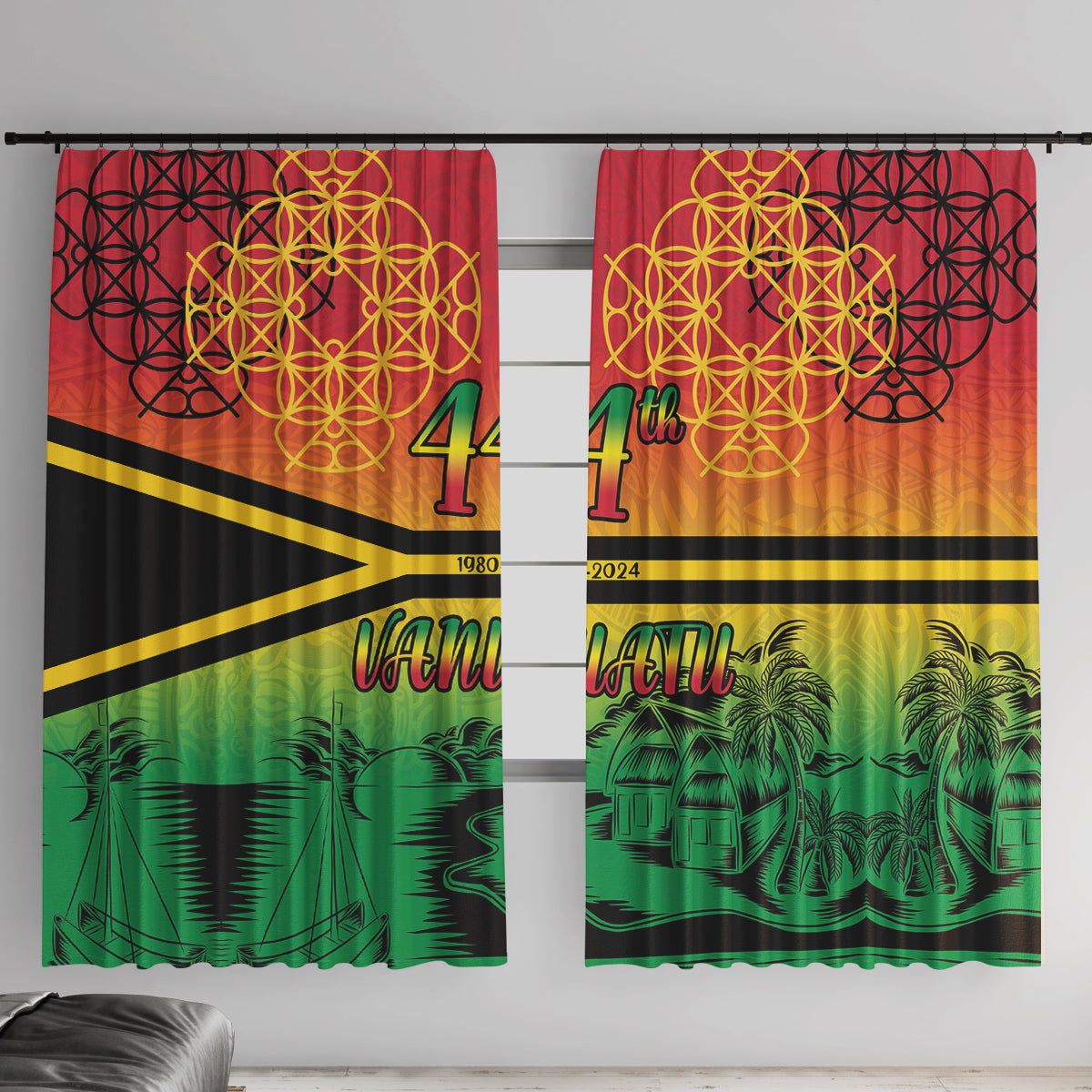 Hapi 44th Indipendens Dei Vanuatu Window Curtain Yumi 1980 with Vanuatuan Beach Landscape