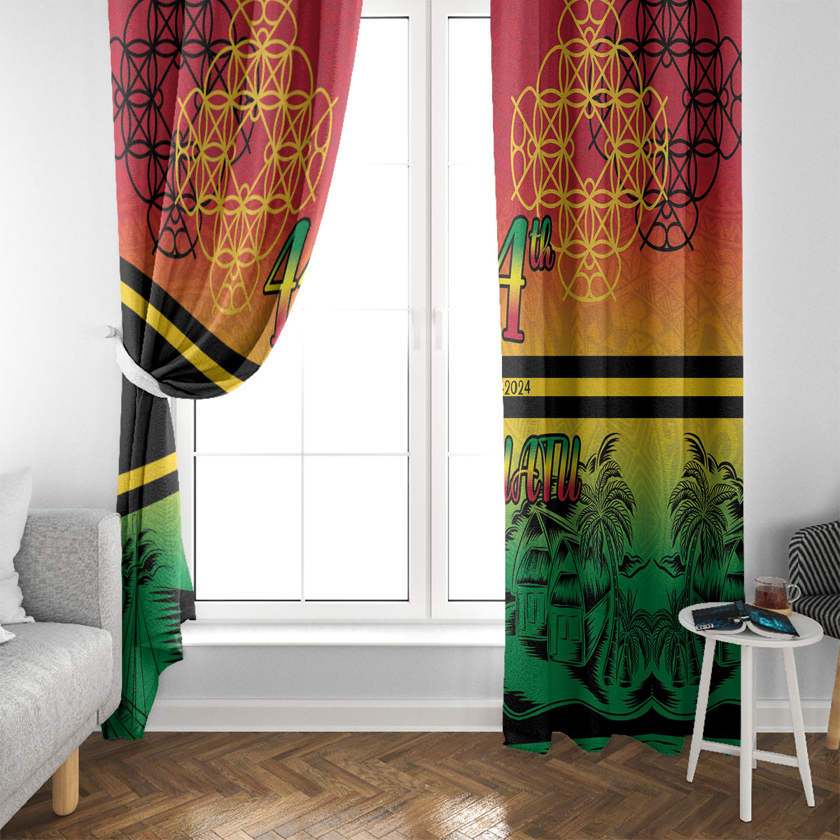 Hapi 44th Indipendens Dei Vanuatu Window Curtain Yumi 1980 with Vanuatuan Beach Landscape LT9 - Polynesian Pride