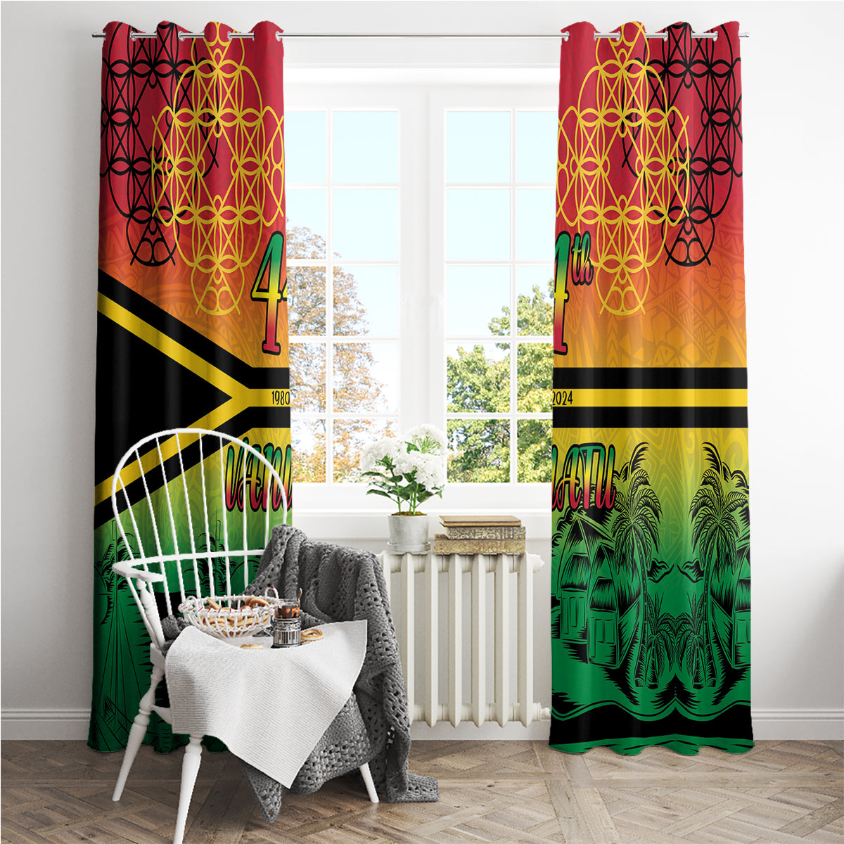 Hapi 44th Indipendens Dei Vanuatu Window Curtain Yumi 1980 with Vanuatuan Beach Landscape LT9 - Polynesian Pride