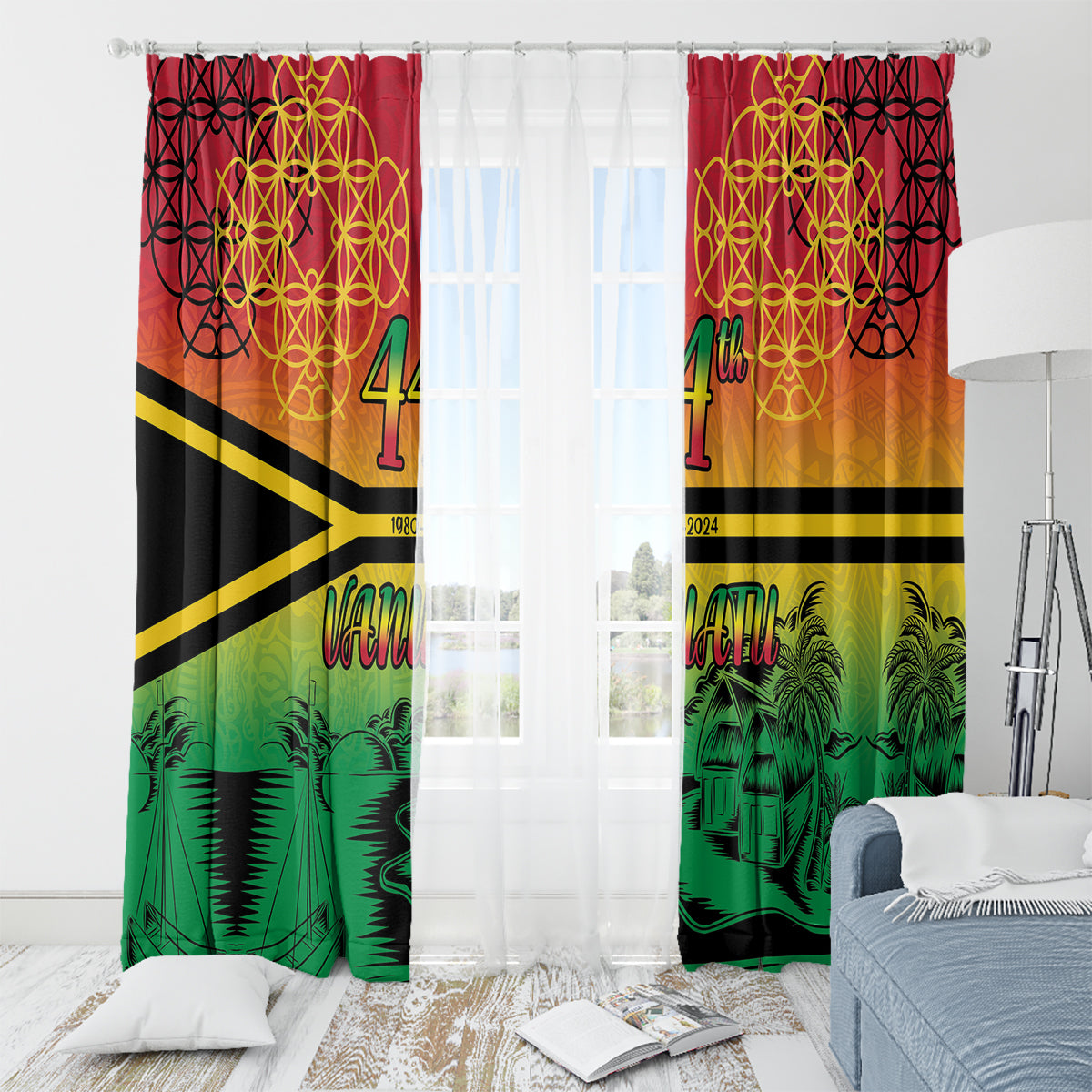 Hapi 44th Indipendens Dei Vanuatu Window Curtain Yumi 1980 with Vanuatuan Beach Landscape LT9 - Polynesian Pride