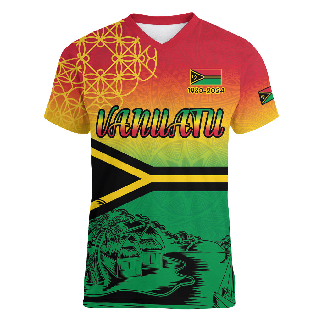 Hapi 44th Indipendens Dei Vanuatu Women V Neck T Shirt Yumi 1980 with Vanuatuan Beach Landscape
