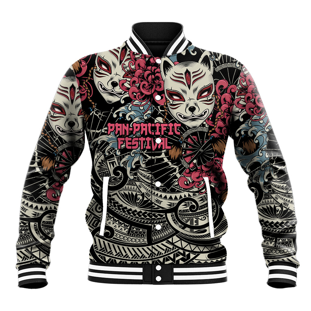 Personalized Japanese Kitsune Mask Baseball Jacket With Polynesian Arty Style LT9 Unisex Black - Polynesian Pride