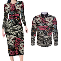 Personalized Japanese Kitsune Mask Couples Matching Long Sleeve Bodycon Dress and Long Sleeve Button Shirt With Polynesian Arty Style LT9 Black - Polynesian Pride