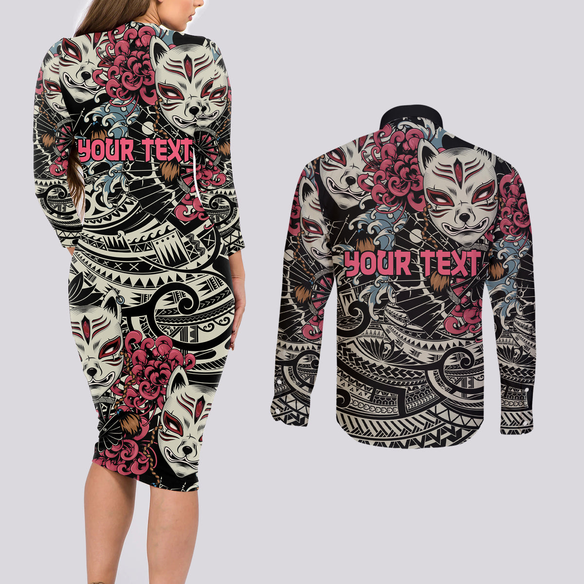Personalized Japanese Kitsune Mask Couples Matching Long Sleeve Bodycon Dress and Long Sleeve Button Shirt With Polynesian Arty Style LT9 - Polynesian Pride