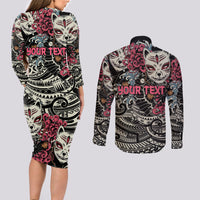 Personalized Japanese Kitsune Mask Couples Matching Long Sleeve Bodycon Dress and Long Sleeve Button Shirt With Polynesian Arty Style LT9 - Polynesian Pride