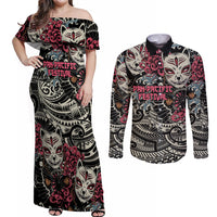 Personalized Japanese Kitsune Mask Couples Matching Off Shoulder Maxi Dress and Long Sleeve Button Shirt With Polynesian Arty Style