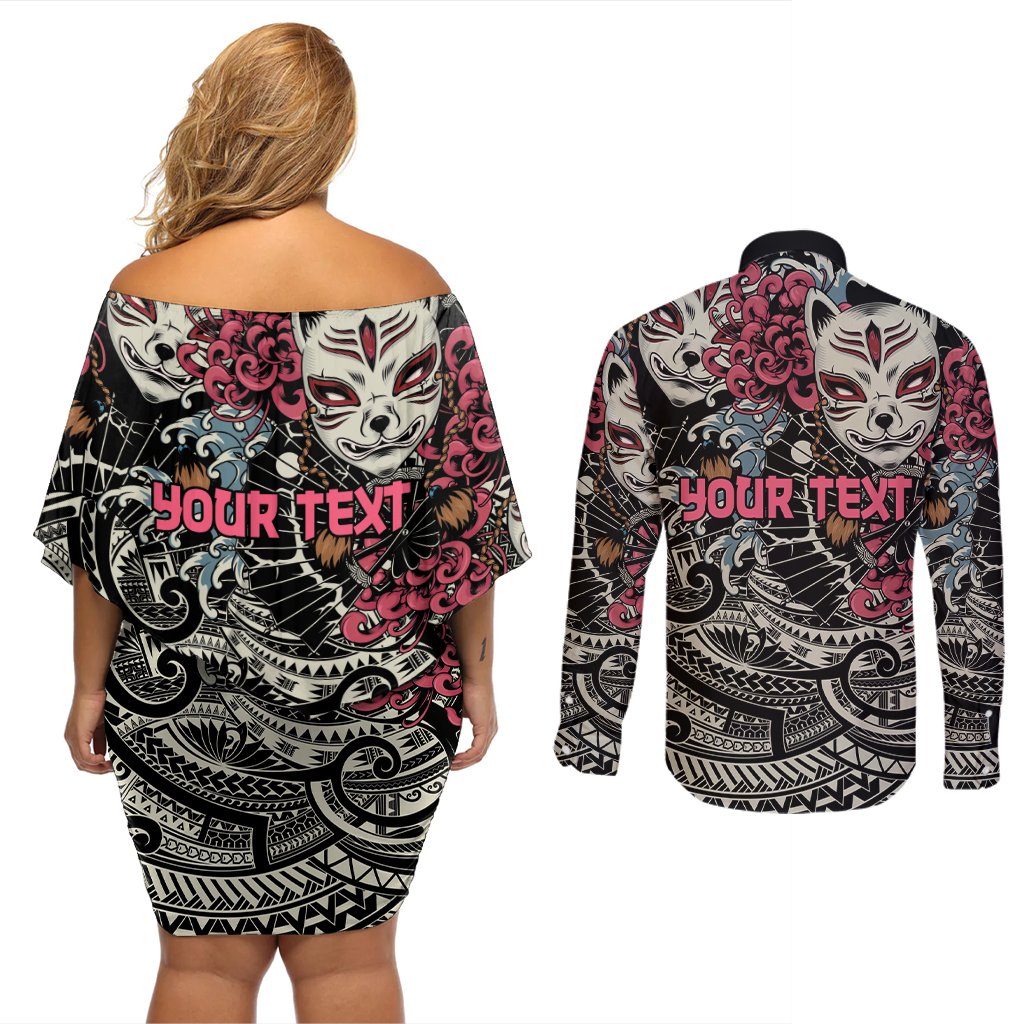 Personalized Japanese Kitsune Mask Couples Matching Off Shoulder Short Dress and Long Sleeve Button Shirt With Polynesian Arty Style LT9 - Polynesian Pride