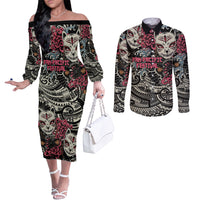 Personalized Japanese Kitsune Mask Couples Matching Off The Shoulder Long Sleeve Dress and Long Sleeve Button Shirt With Polynesian Arty Style LT9 Black - Polynesian Pride