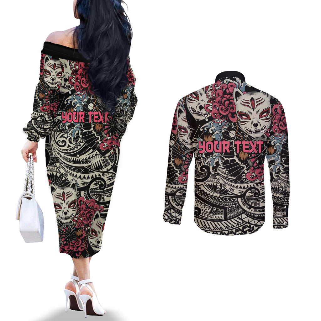 Personalized Japanese Kitsune Mask Couples Matching Off The Shoulder Long Sleeve Dress and Long Sleeve Button Shirt With Polynesian Arty Style LT9 - Polynesian Pride
