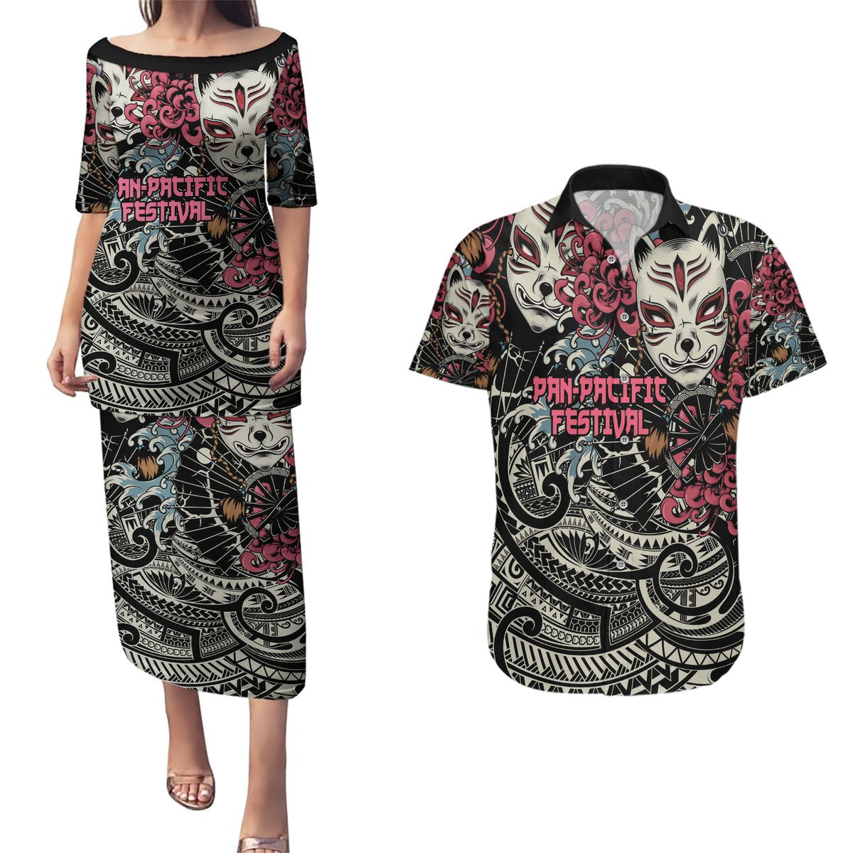 Personalized Japanese Kitsune Mask Couples Matching Puletasi and Hawaiian Shirt With Polynesian Arty Style LT9 Black - Polynesian Pride