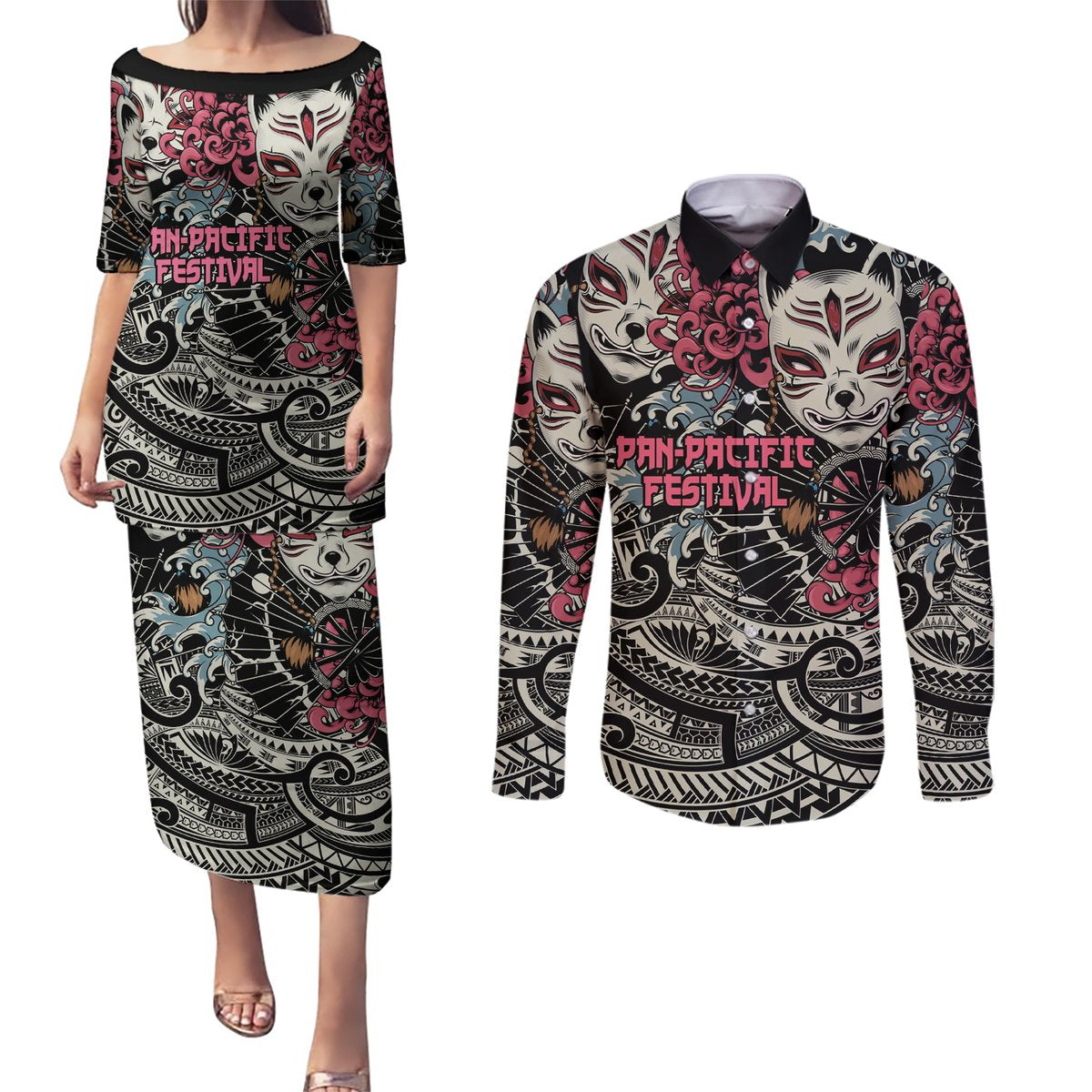 Personalized Japanese Kitsune Mask Couples Matching Puletasi and Long Sleeve Button Shirt With Polynesian Arty Style LT9 Black - Polynesian Pride