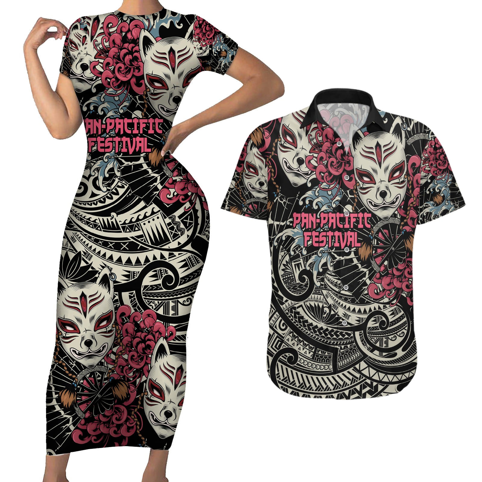 Personalized Japanese Kitsune Mask Couples Matching Short Sleeve Bodycon Dress and Hawaiian Shirt With Polynesian Arty Style LT9 Black - Polynesian Pride