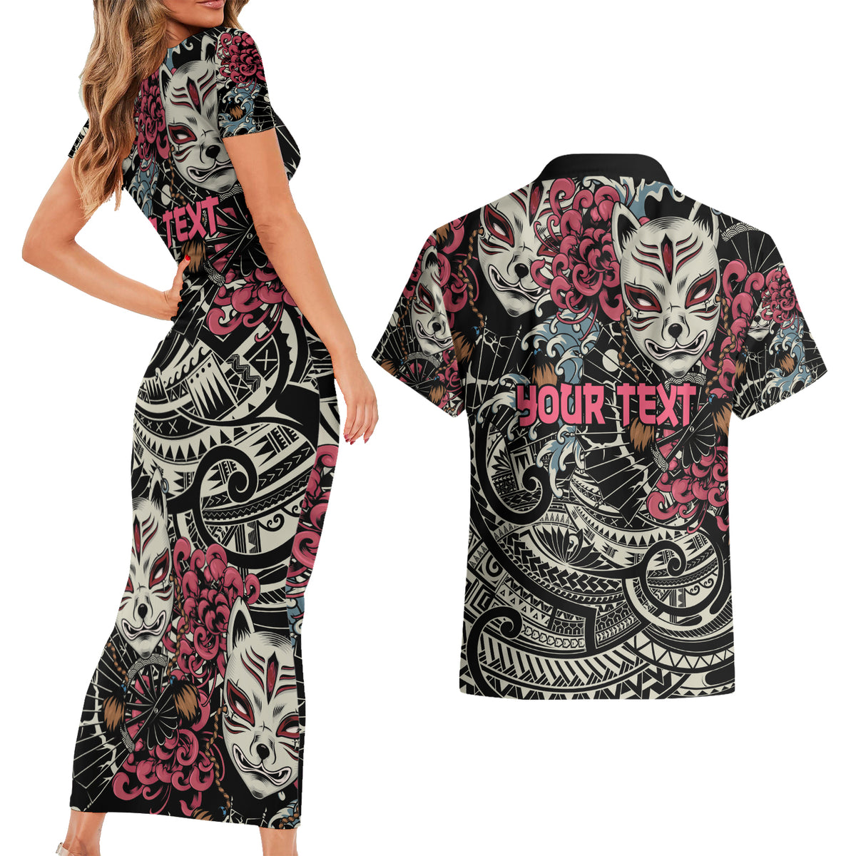 Personalized Japanese Kitsune Mask Couples Matching Short Sleeve Bodycon Dress and Hawaiian Shirt With Polynesian Arty Style LT9 - Polynesian Pride