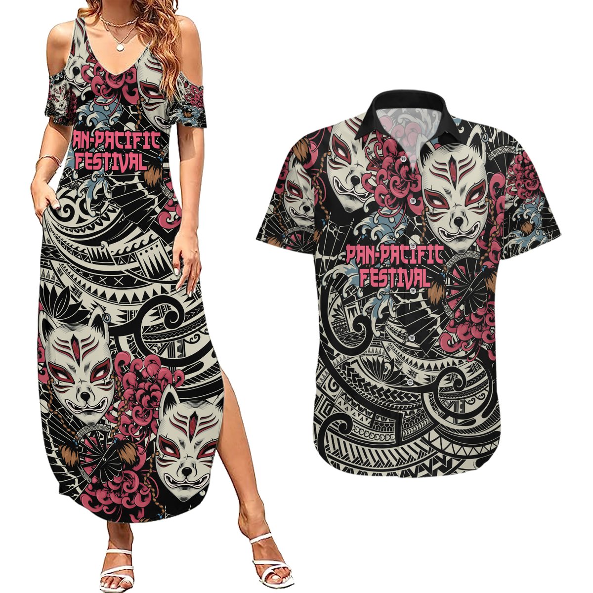 Personalized Japanese Kitsune Mask Couples Matching Summer Maxi Dress and Hawaiian Shirt With Polynesian Arty Style LT9 Black - Polynesian Pride