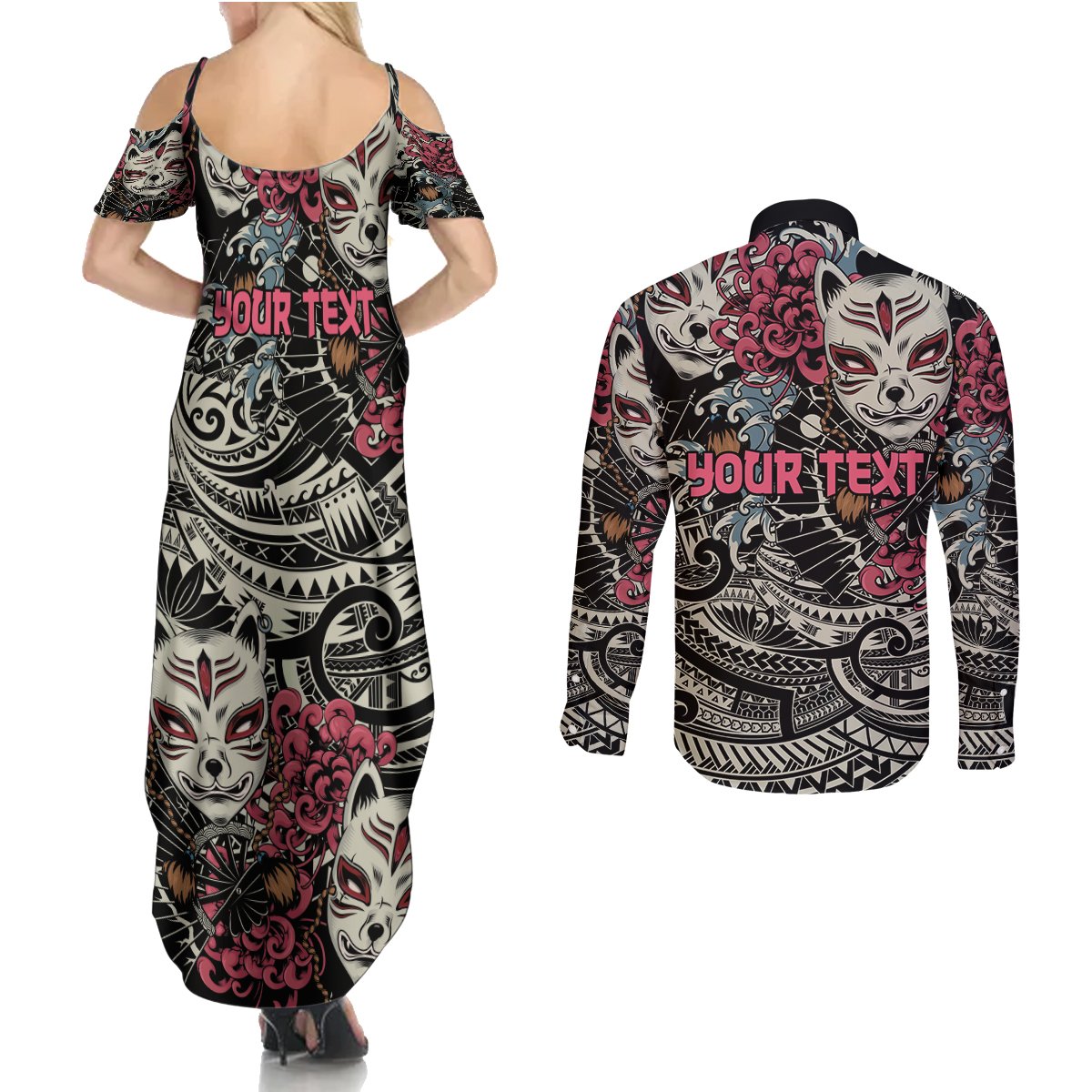 Personalized Japanese Kitsune Mask Couples Matching Summer Maxi Dress and Long Sleeve Button Shirt With Polynesian Arty Style LT9 - Polynesian Pride