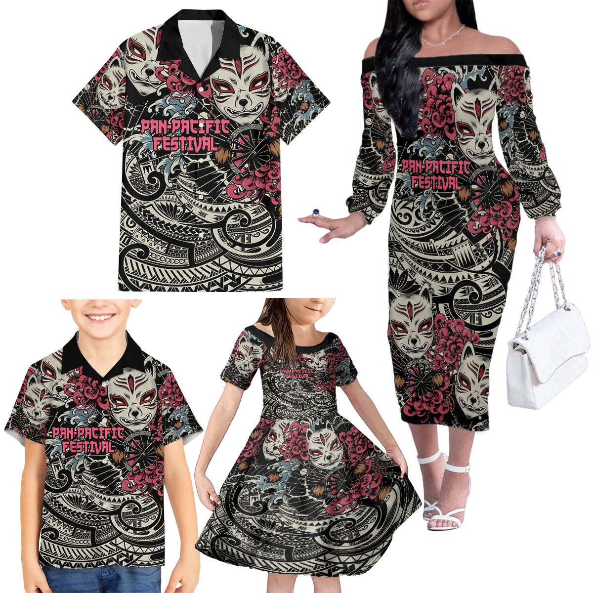 Personalized Japanese Kitsune Mask Family Matching Off The Shoulder Long Sleeve Dress and Hawaiian Shirt With Polynesian Arty Style LT9 - Polynesian Pride
