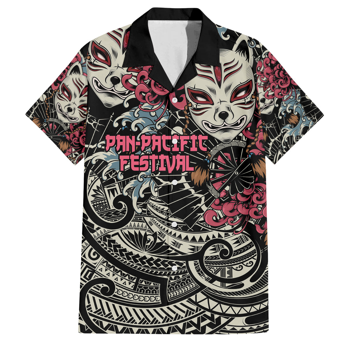 Personalized Japanese Kitsune Mask Family Matching Off Shoulder Short Dress and Hawaiian Shirt With Polynesian Arty Style LT9 Dad's Shirt - Short Sleeve Black - Polynesian Pride